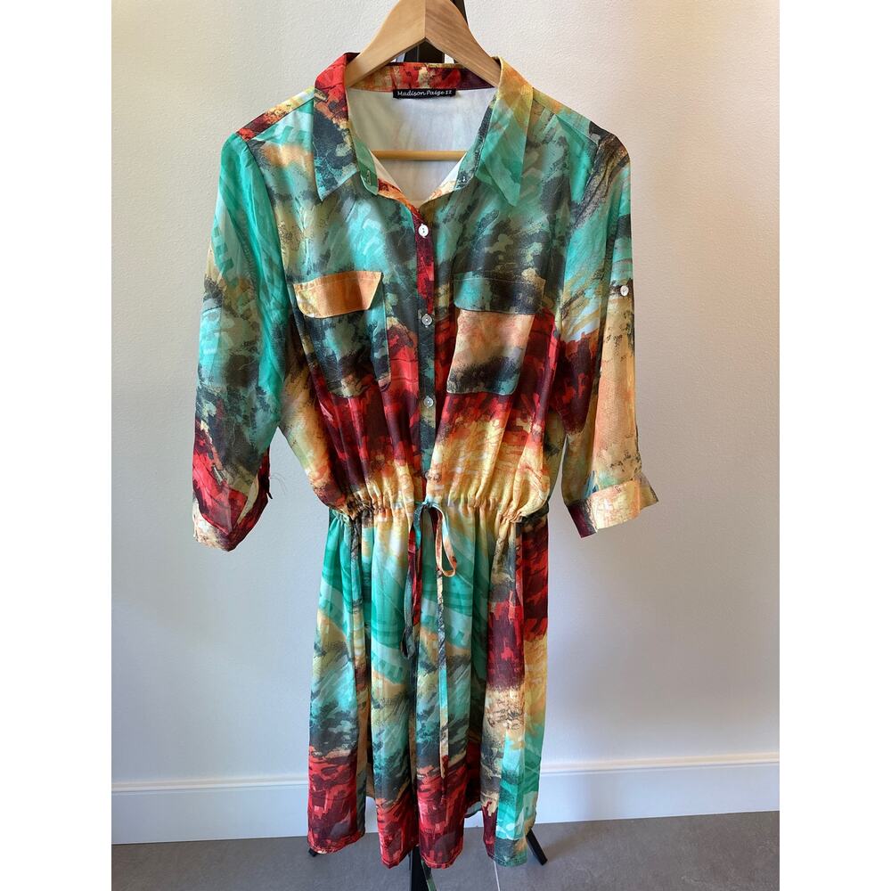 Curvy Plus Boho Size 1x Blouson Dress Multicolor 3/4 Sleeve by Madison Paige